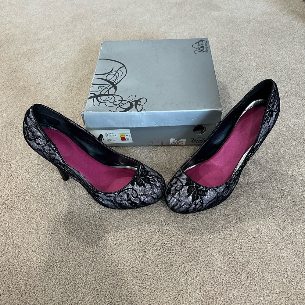 Vanity Black Lace Heels with Pink Insole